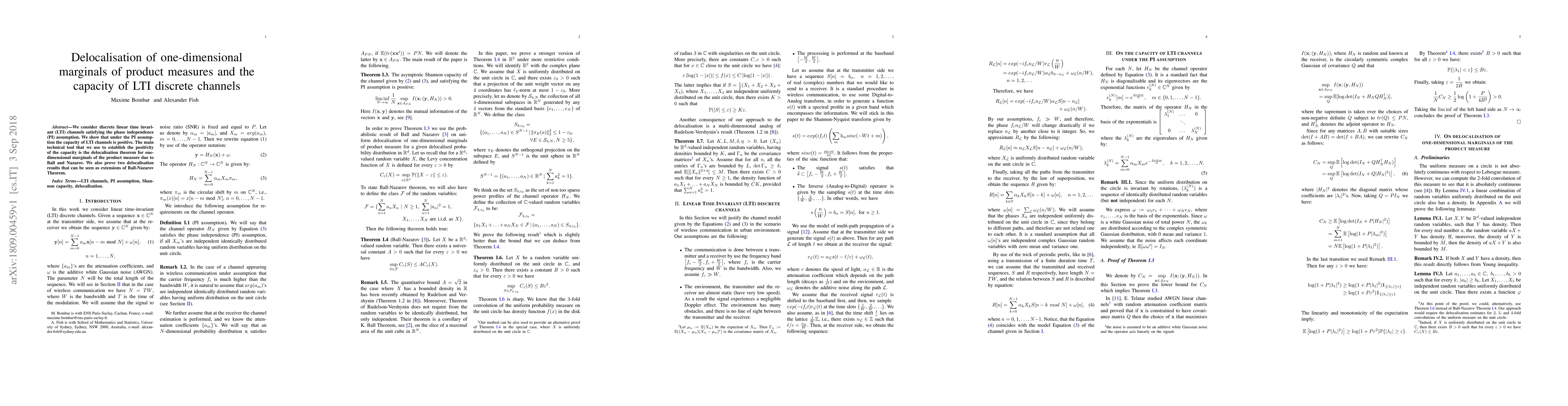 Thumbnail for Delocalisation of one-dimensional marginals of product measures and the
  capacity of LTI discrete channels