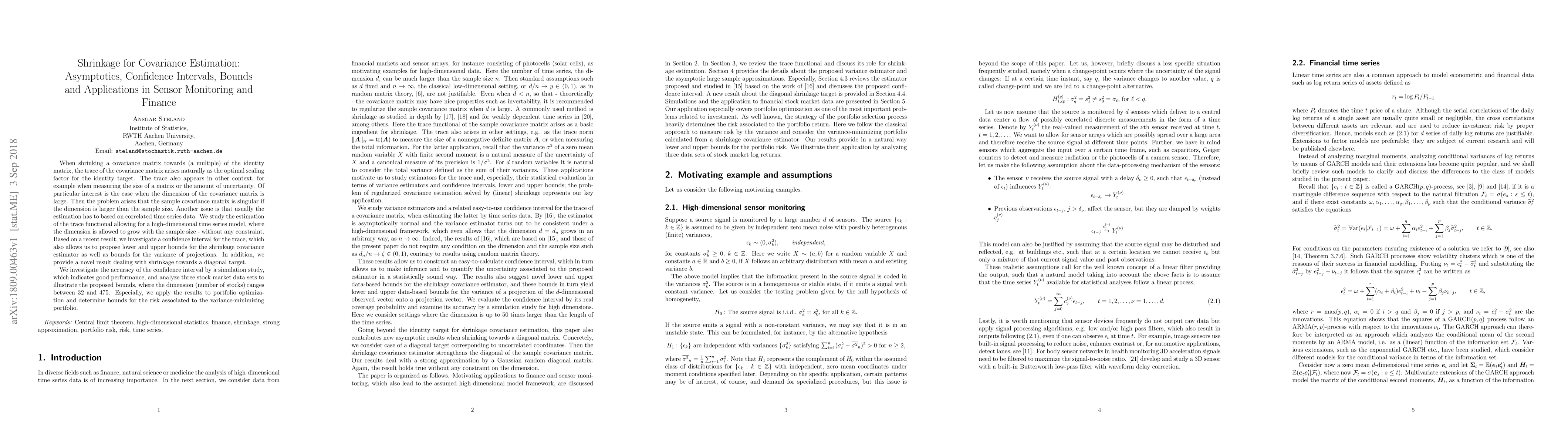 Thumbnail for Shrinkage for Covariance Estimation: Asymptotics, Confidence Intervals,
  Bounds and Applications in Sensor Monitoring and Finance