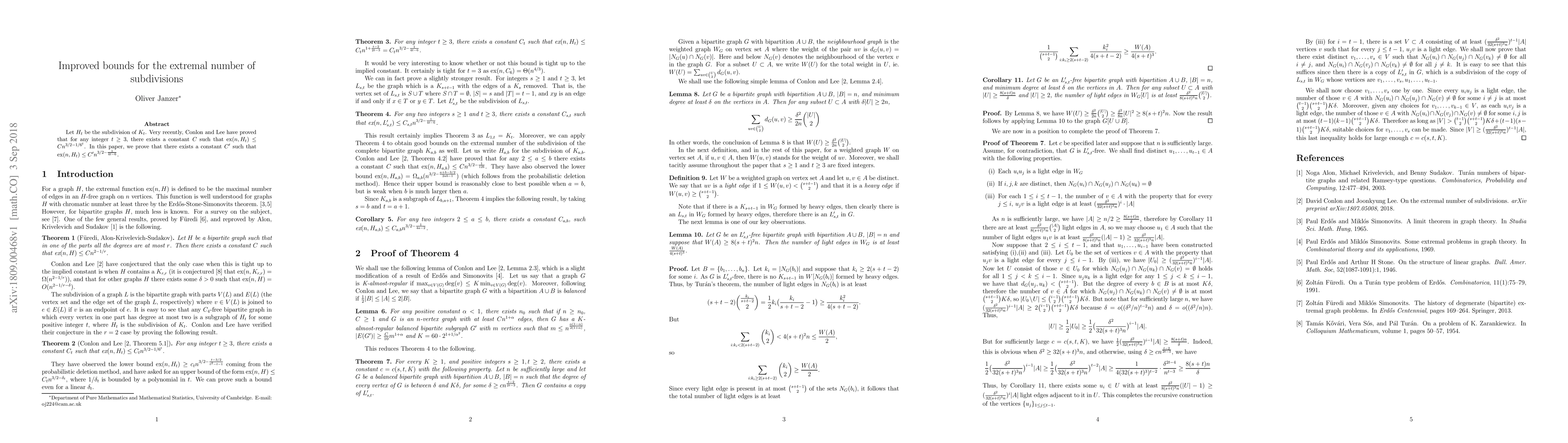 Thumbnail for Improved bounds for the extremal number of subdivisions