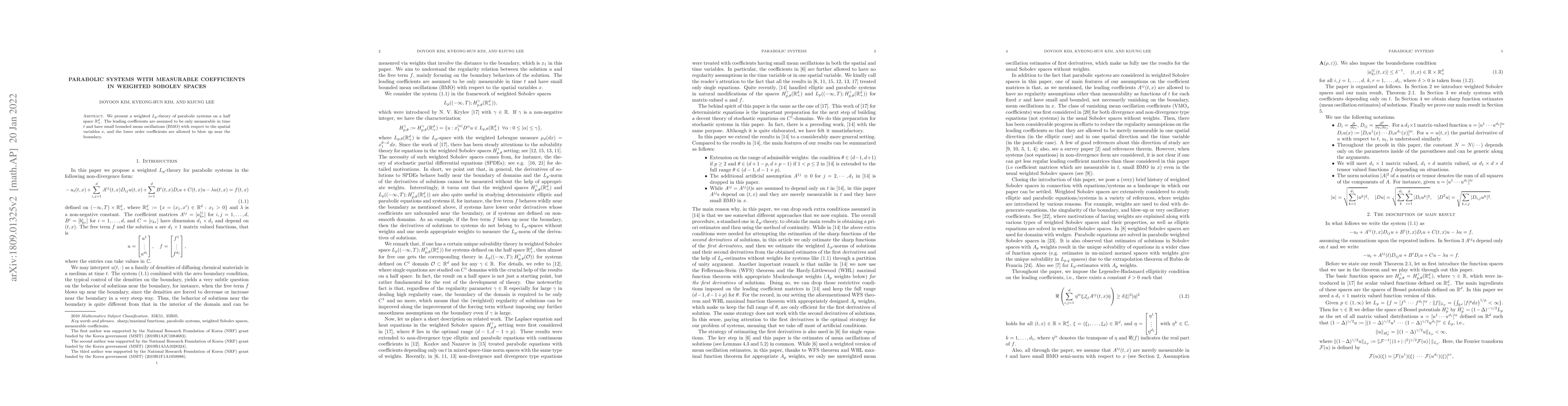 Thumbnail for Parabolic Systems with measurable coefficients in weighted Sobolev
  spaces