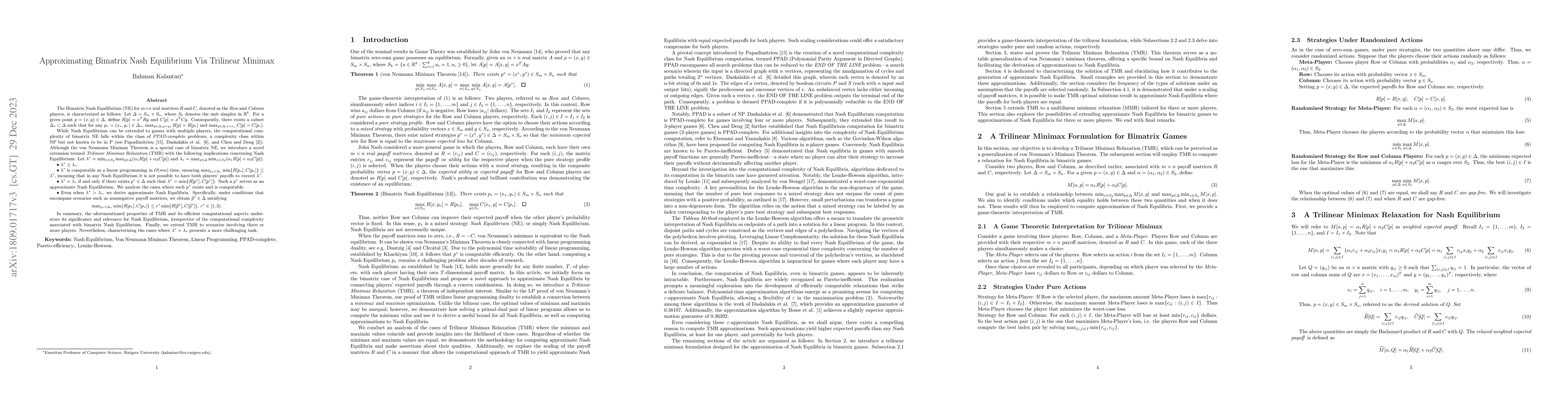 Thumbnail for Approximating Bimatrix Nash Equilibrium Via Trilinear Minimax