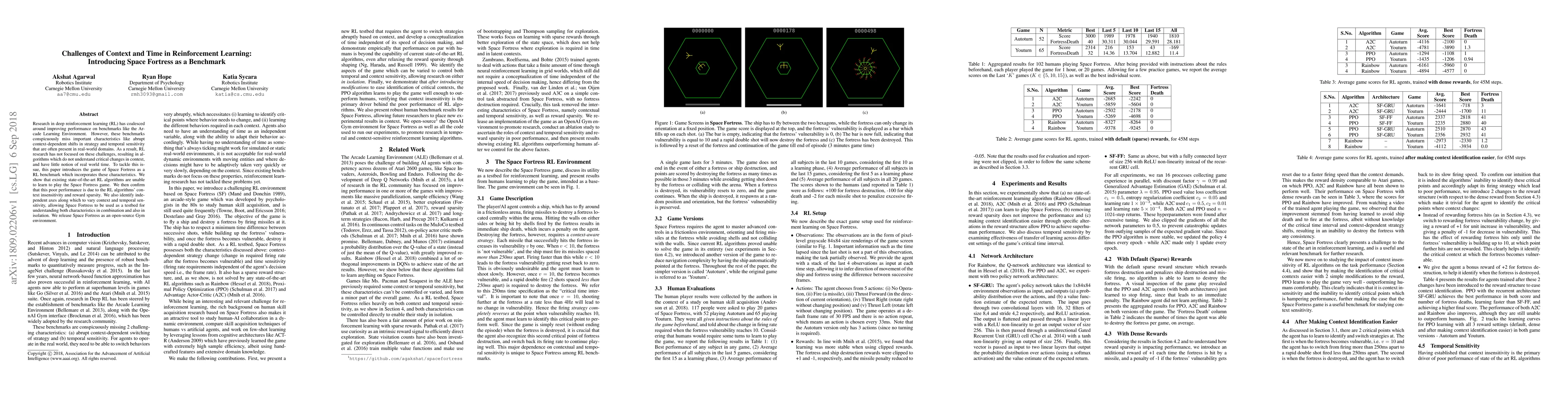 Thumbnail for Challenges of Context and Time in Reinforcement Learning: Introducing
  Space Fortress as a Benchmark