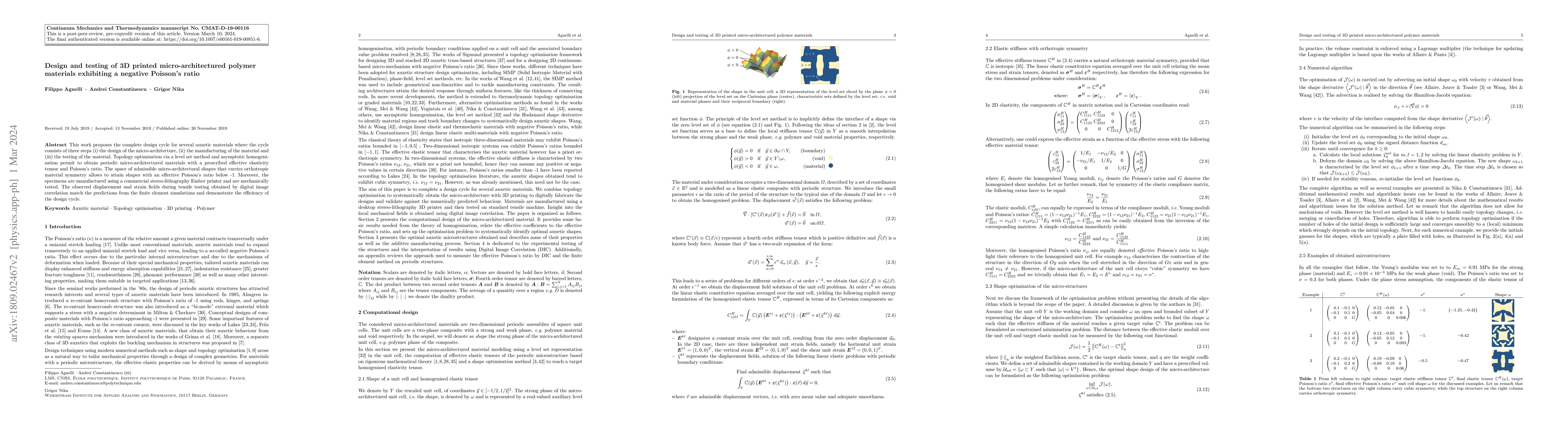Thumbnail for Design and testing of 3D-printed micro-architectured polymer materials
  exhibiting a negative Poisson's ratio