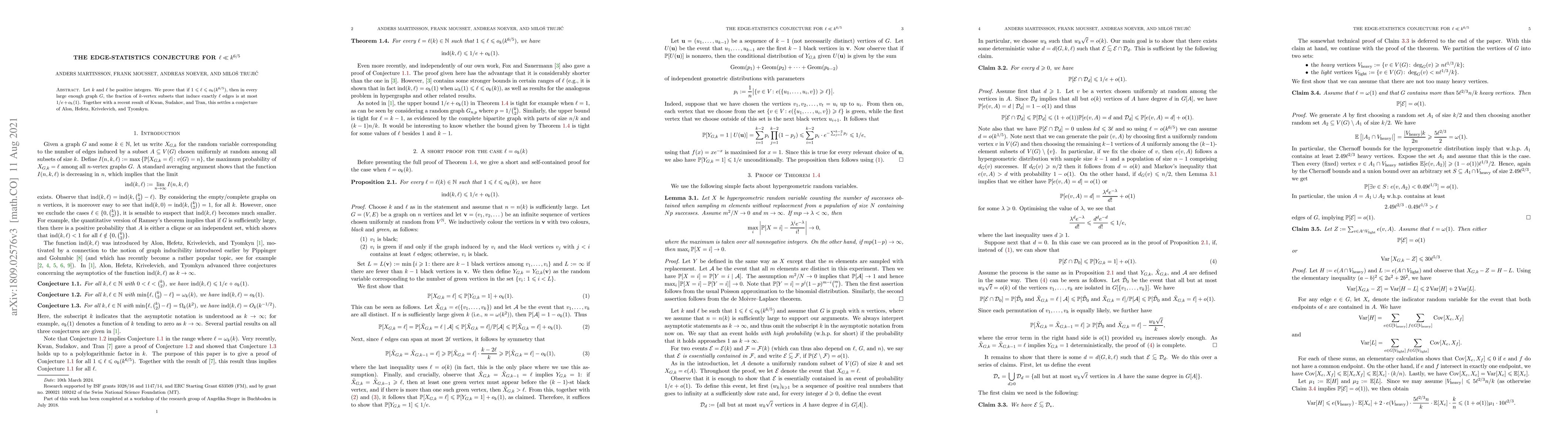 Thumbnail for The edge-statistics conjecture for $\ell \ll k^{6/5}$