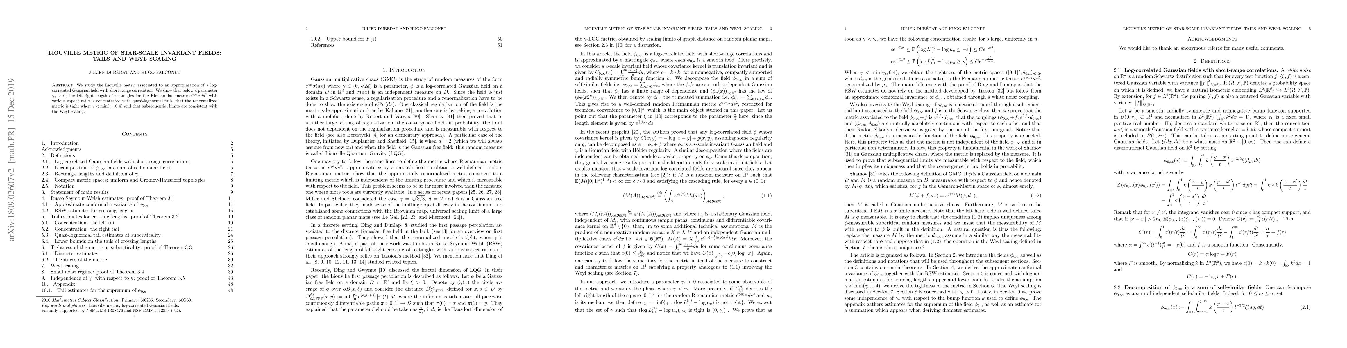 Thumbnail for Liouville metric of star-scale invariant fields: tails and Weyl scaling