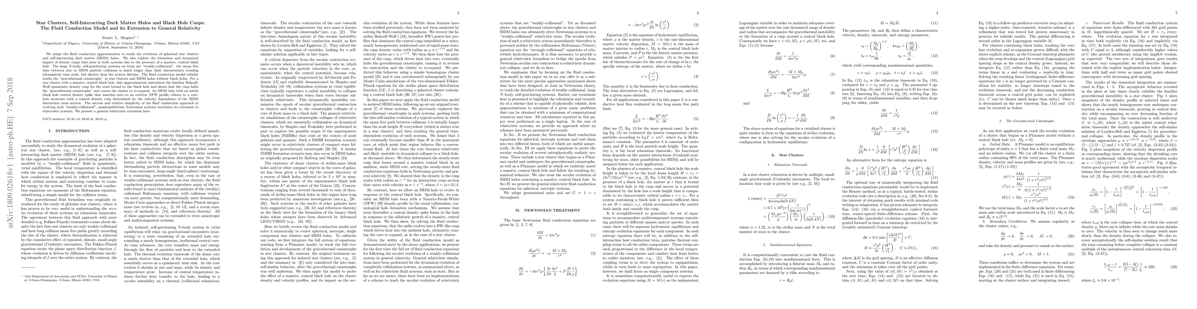 Thumbnail for Star Clusters, Self-Interacting Dark Matter Halos and Black Hole Cusps:
  The Fluid Conduction Model and its Extension to General Relativity