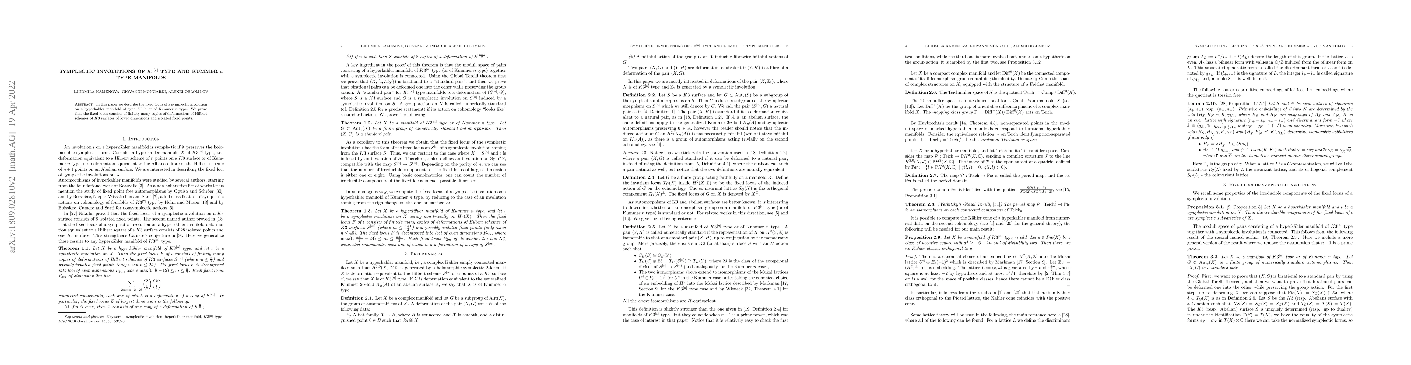 Thumbnail for Symplectic involutions of $K3^{[n]}$ type and Kummer $n$ type manifolds