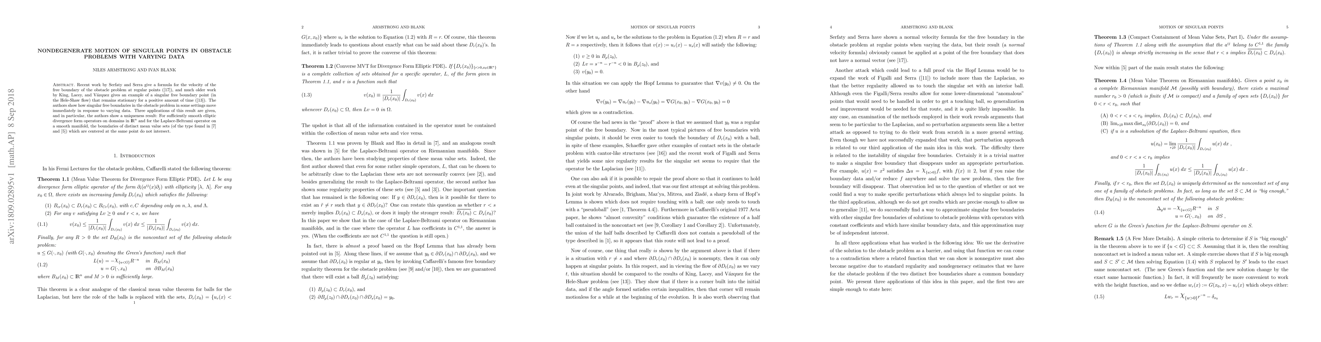 Thumbnail for Nondegenerate Motion of Singular Points in Obstacle Problems with
  Varying Data