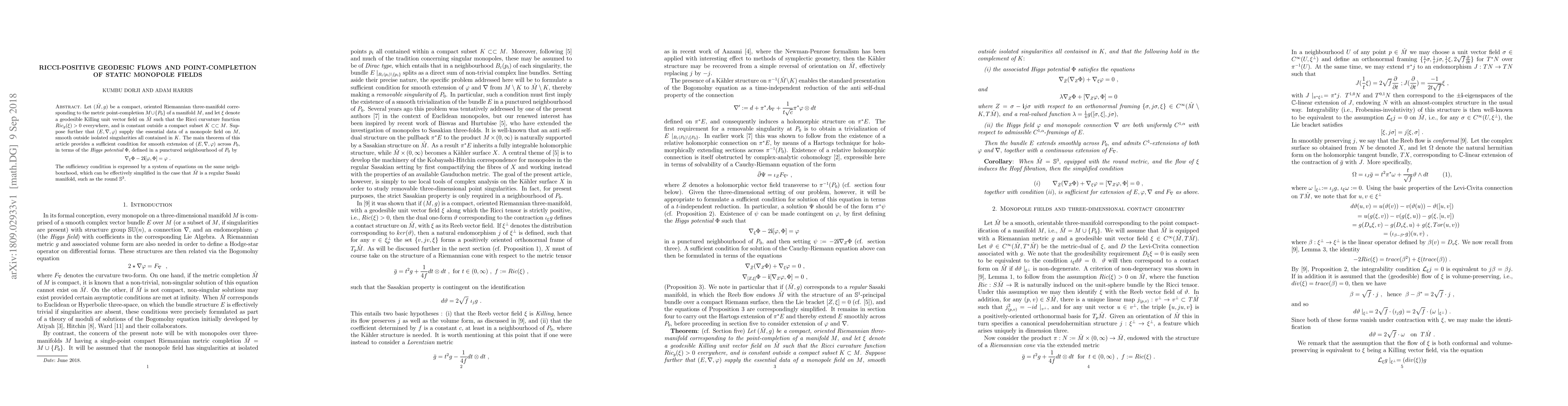 Thumbnail for Ricci-Positive geodesic flows and point-completion of static monopole
  fields