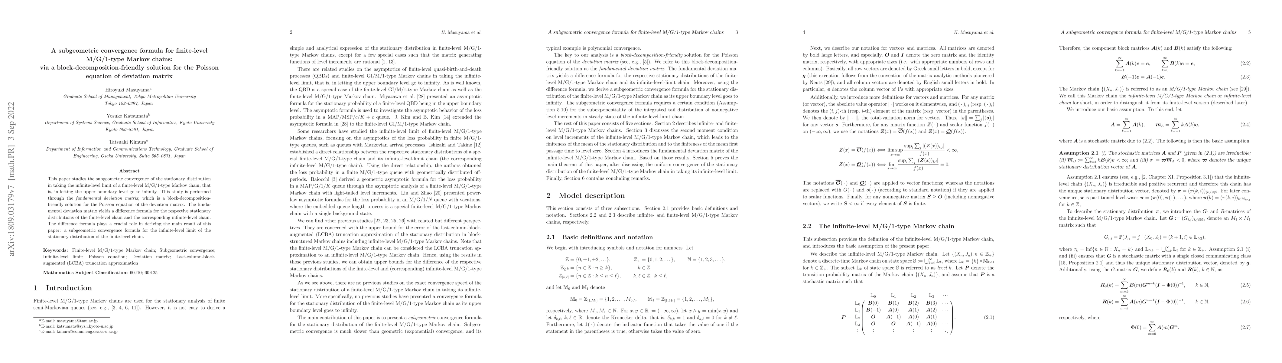 Thumbnail for A subgeometric convergence formula for finite-level M/G/1-type Markov
  chains: via a block-decomposition-friendly solution for the Poisson equation
  of deviation matrix
