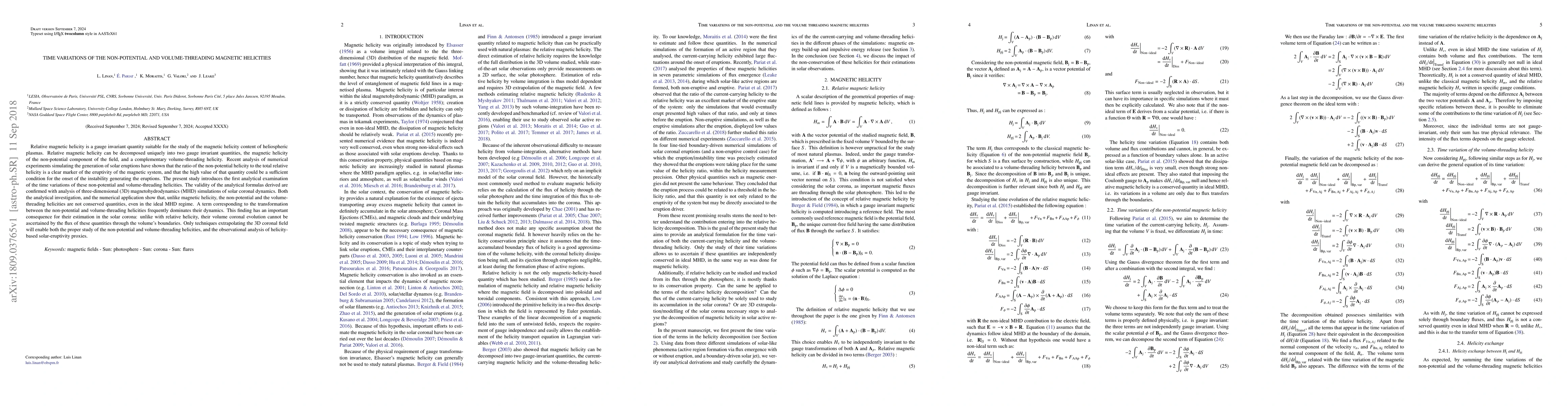 Thumbnail for Time variations of the non-potential and volume-threading magnetic
  helicities