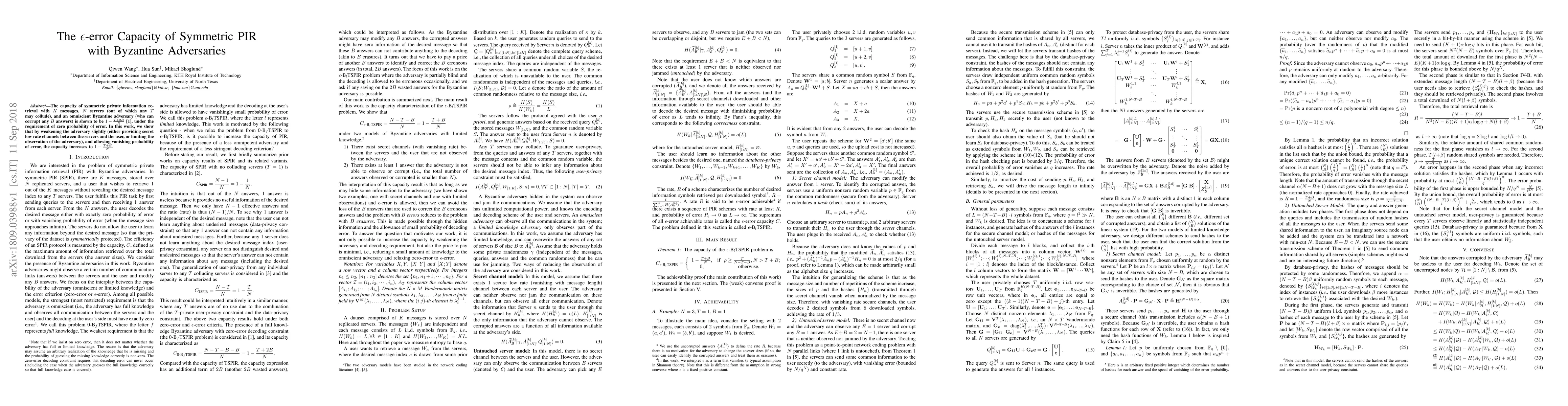 Thumbnail for The $\epsilon$-error Capacity of Symmetric PIR with Byzantine
  Adversaries