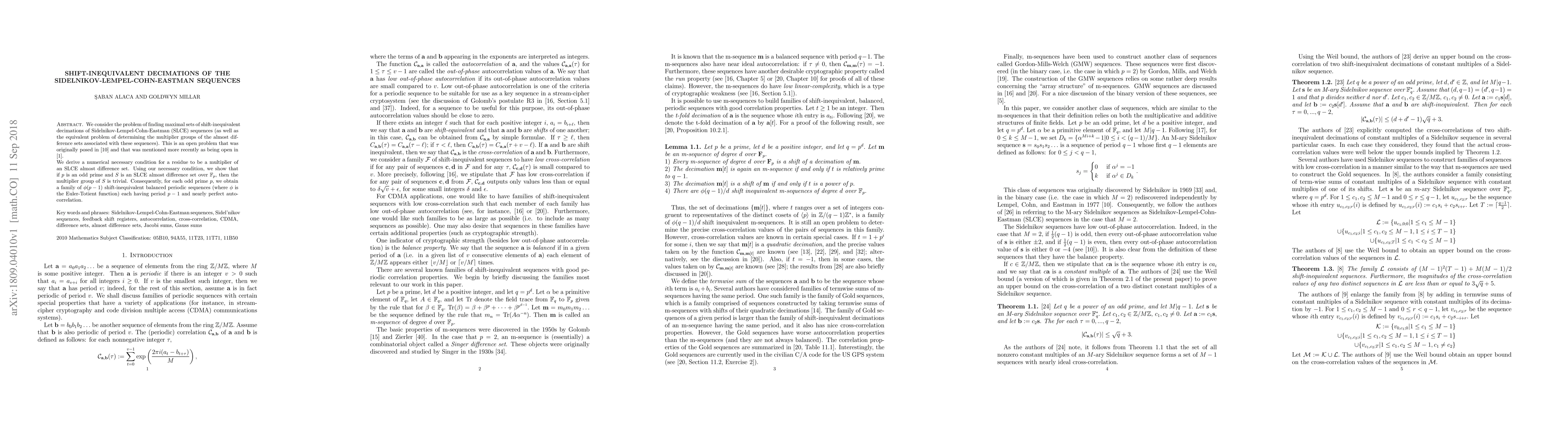 Thumbnail for Shift-Inequivalent Decimations of the Sidelnikov-Lempel-Cohn-Eastman
  Sequences