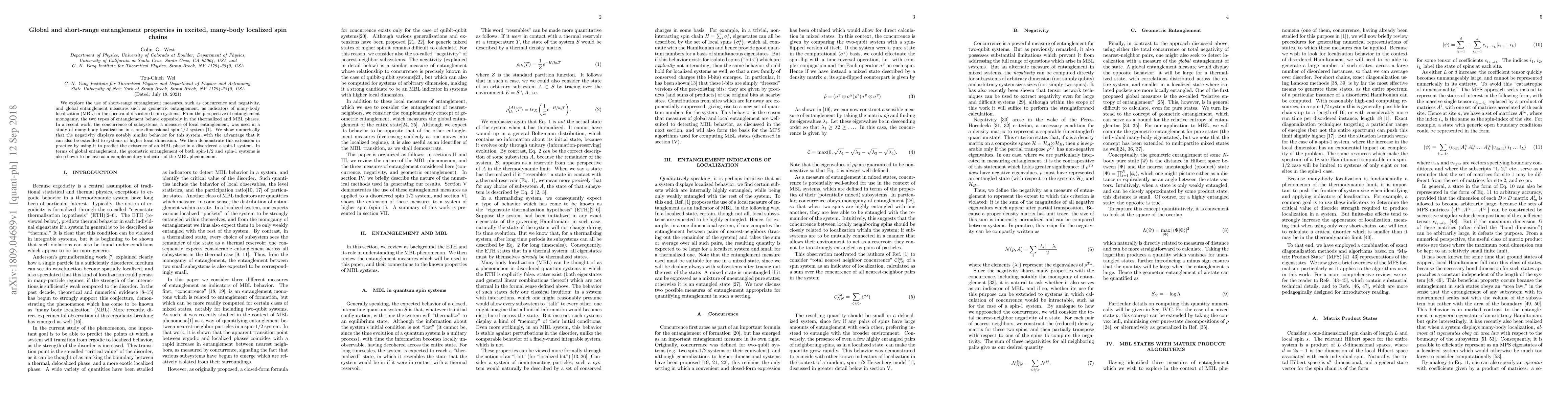 Thumbnail for Global and short-range entanglement properties in excited, many-body
  localized spin chains