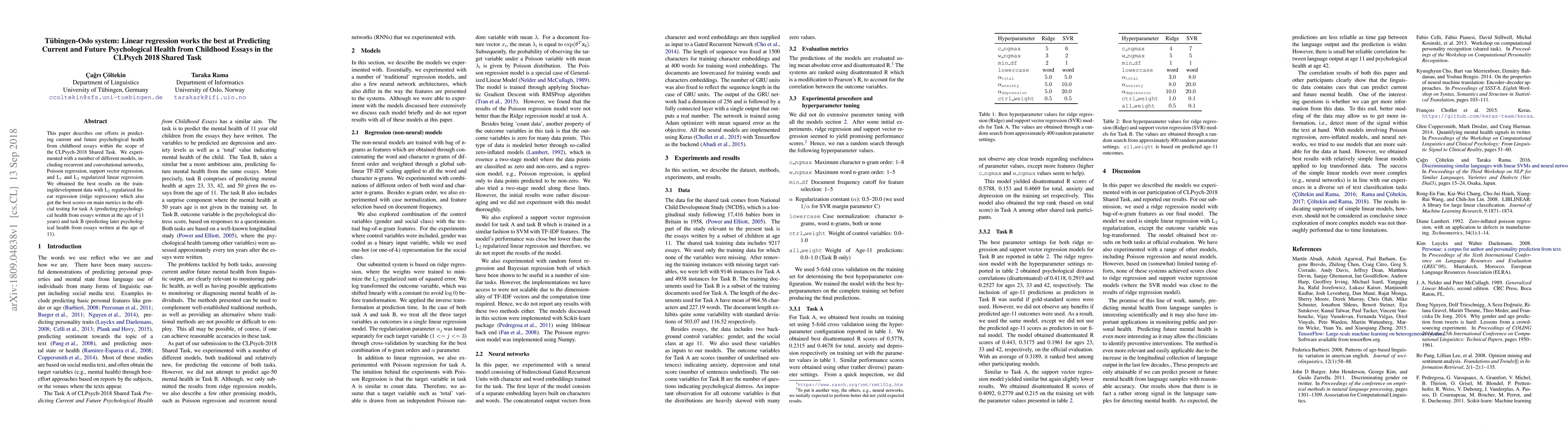 Thumbnail for T\"ubingen-Oslo system: Linear regression works the best at Predicting
  Current and Future Psychological Health from Childhood Essays in the CLPsych
  2018 Shared Task
