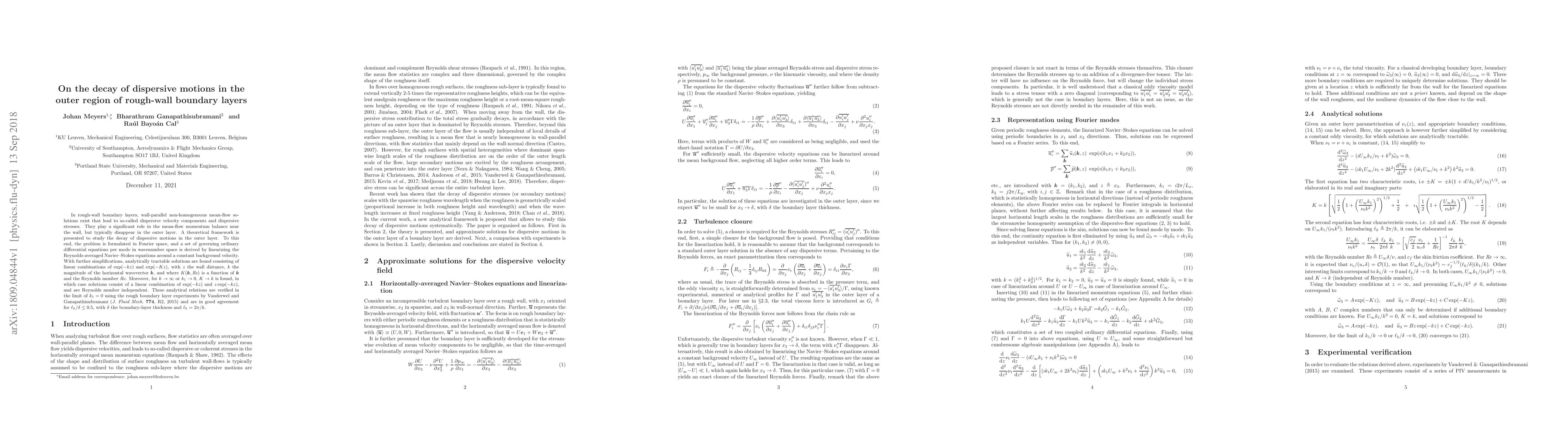 Thumbnail for On the decay of dispersive motions in the outer region of rough-wall
  boundary layers