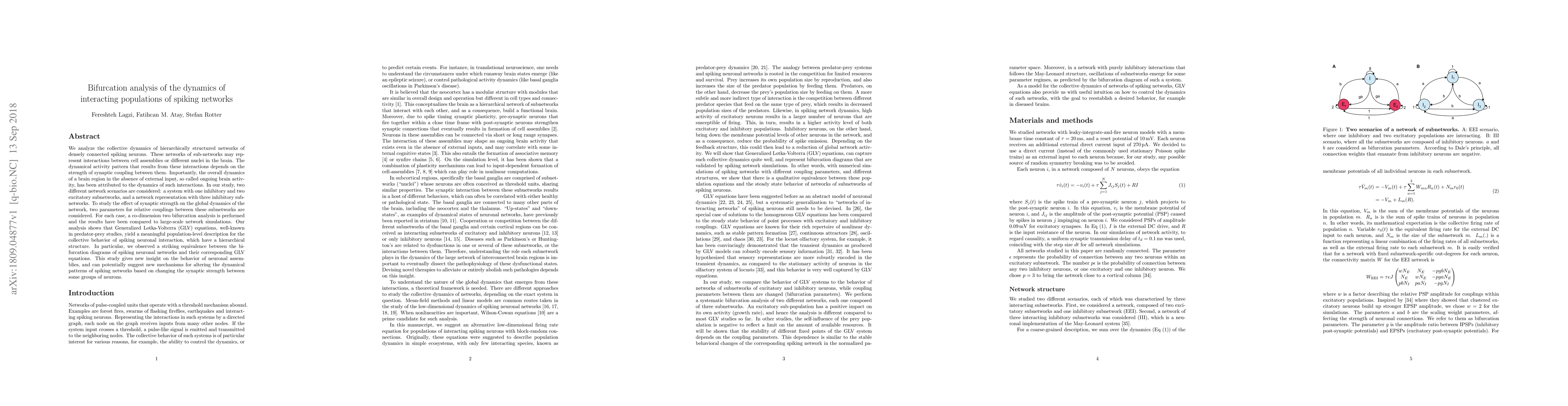 Thumbnail for Bifurcation analysis of the dynamics of interacting populations of
  spiking networks