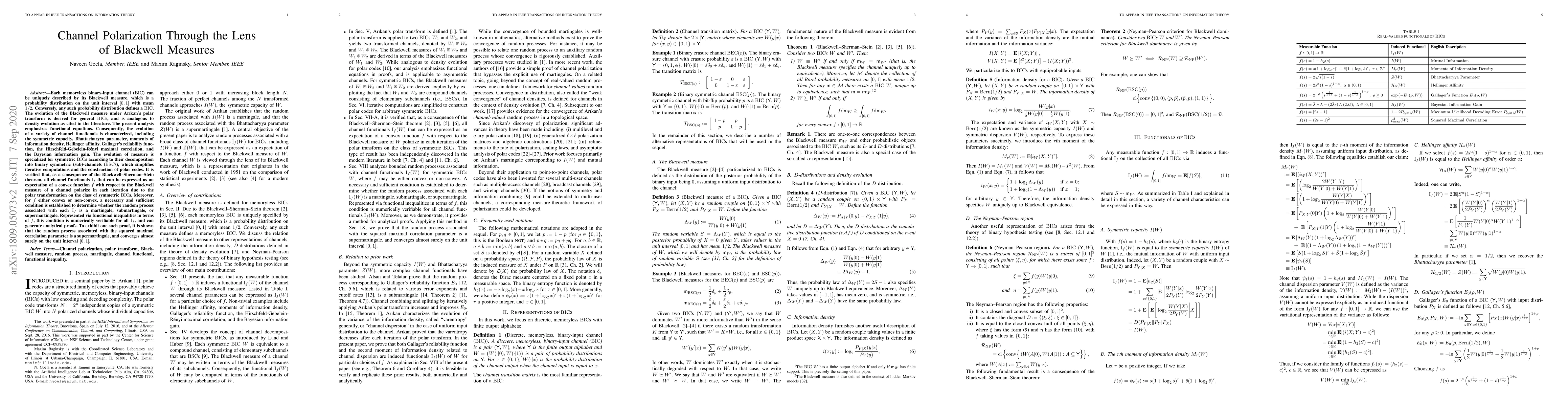 Thumbnail for Channel Polarization through the Lens of Blackwell Measures