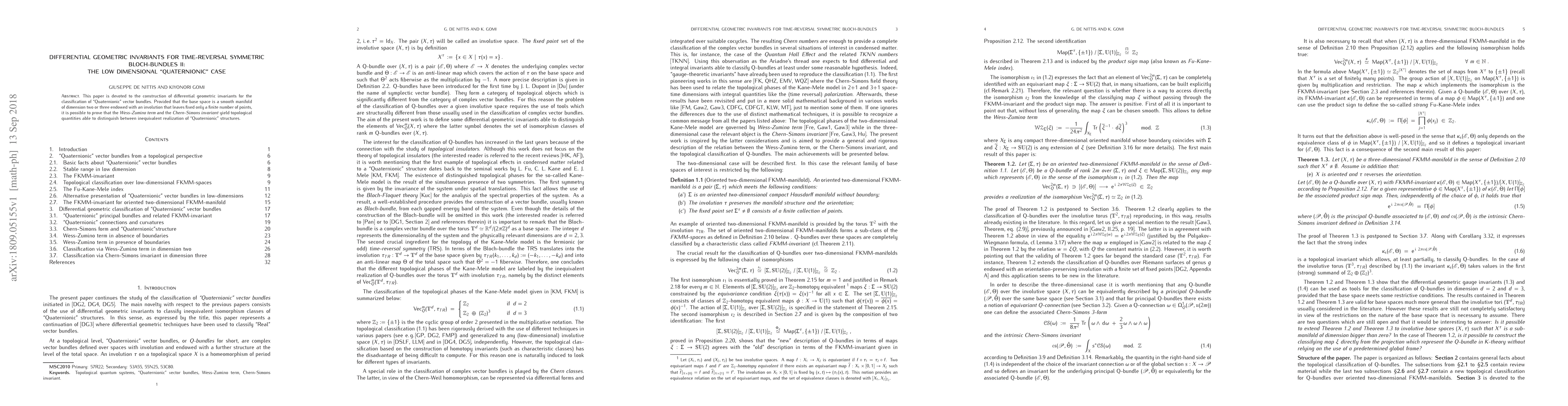 Thumbnail for Differential geometric invariants for time-reversal symmetric
  Bloch-bundles II: The low dimensional "Quaternionic" case