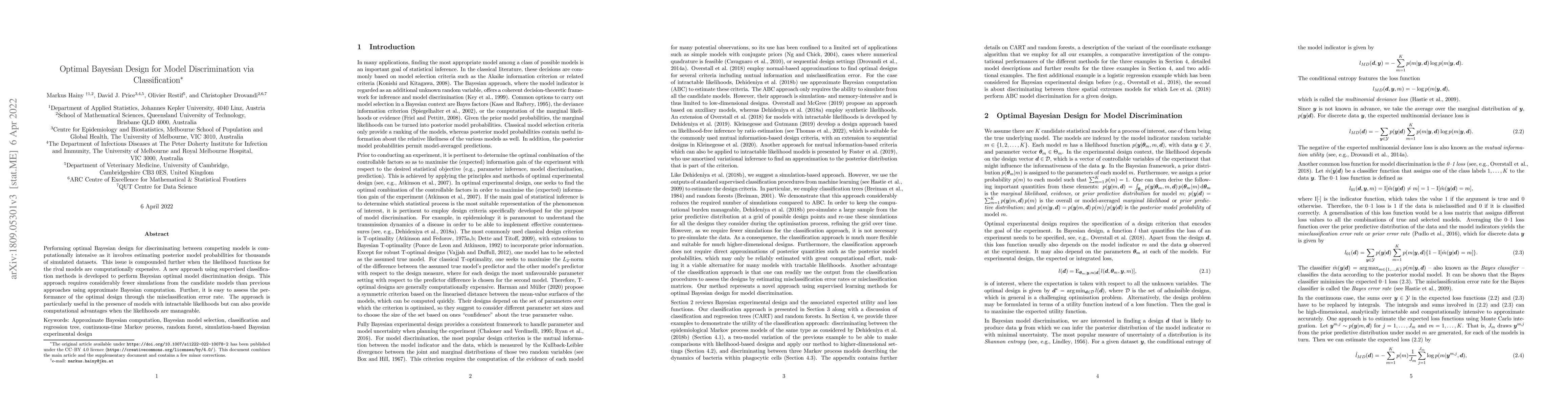 Thumbnail for Optimal Bayesian design for model discrimination via classification