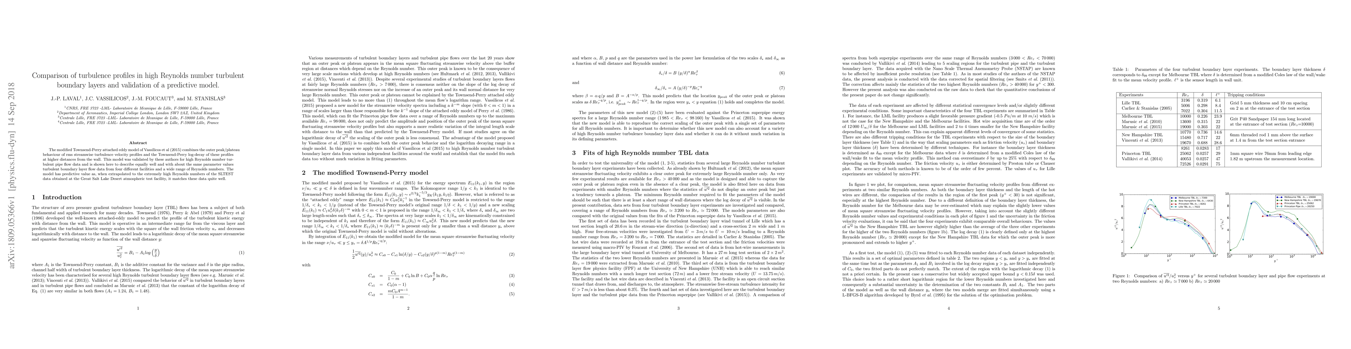 Thumbnail for Comparison of turbulence profiles in high Reynolds number turbulent
  boundary layers and validation of a predictive model
