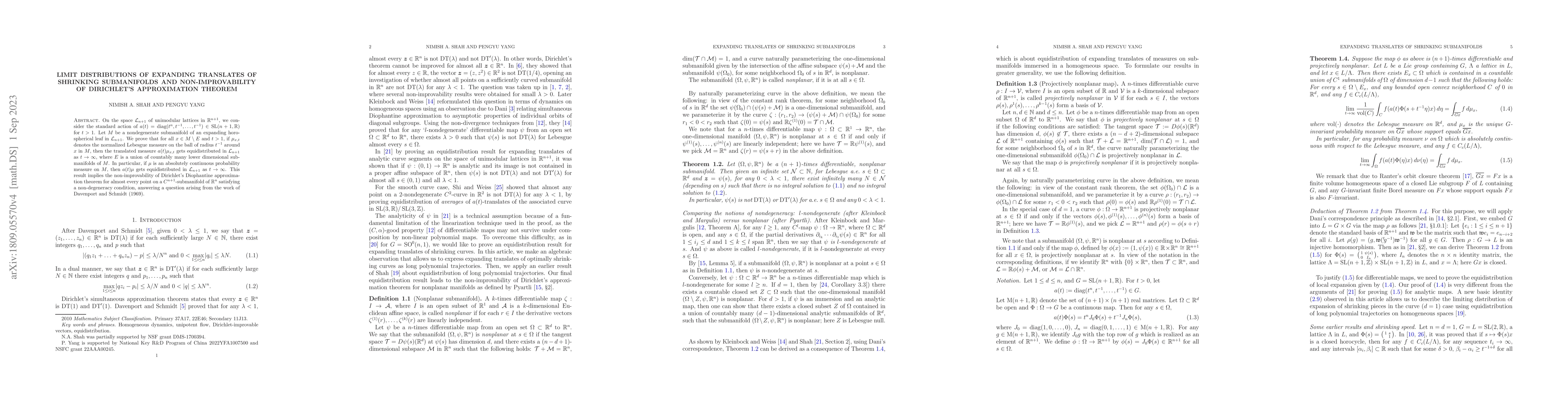 Thumbnail for Limit distributions of expanding translates of shrinking submanifolds
  and non-improvability of Dirichlet's approximation theorem