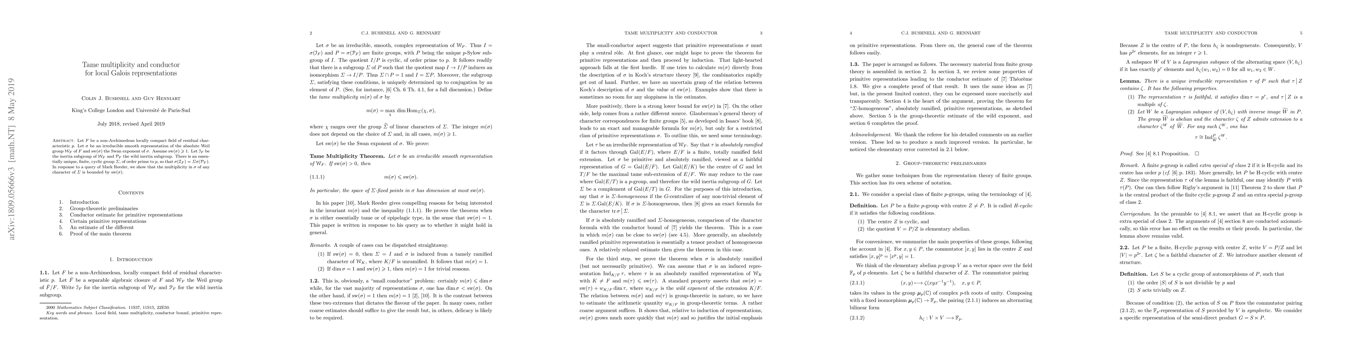 Thumbnail for Tame multiplicity and conductor for local Galois representations