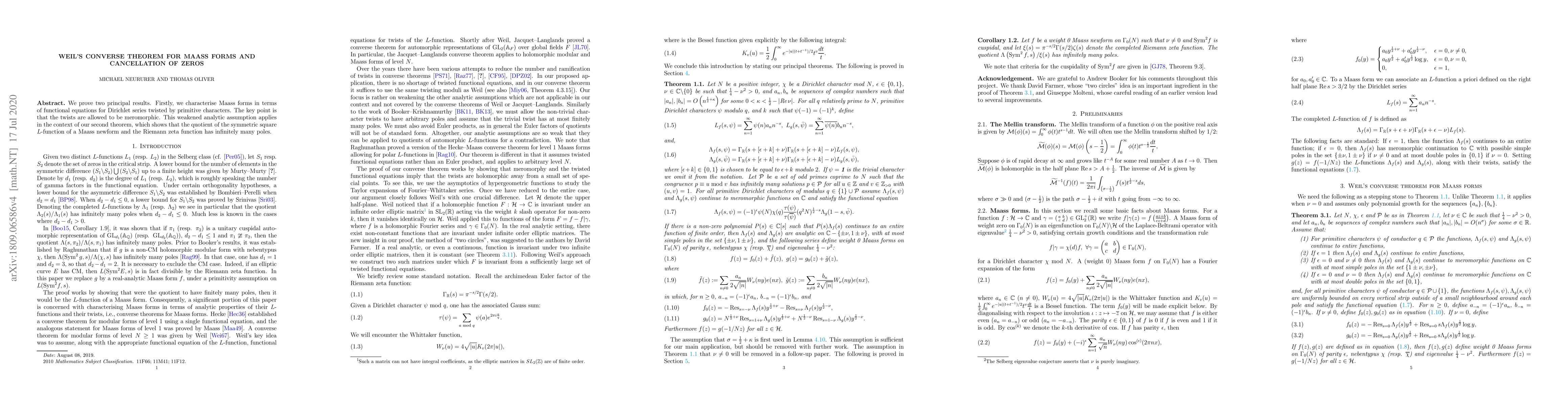Thumbnail for Weil's converse theorem for Maass forms and cancellation of zeros