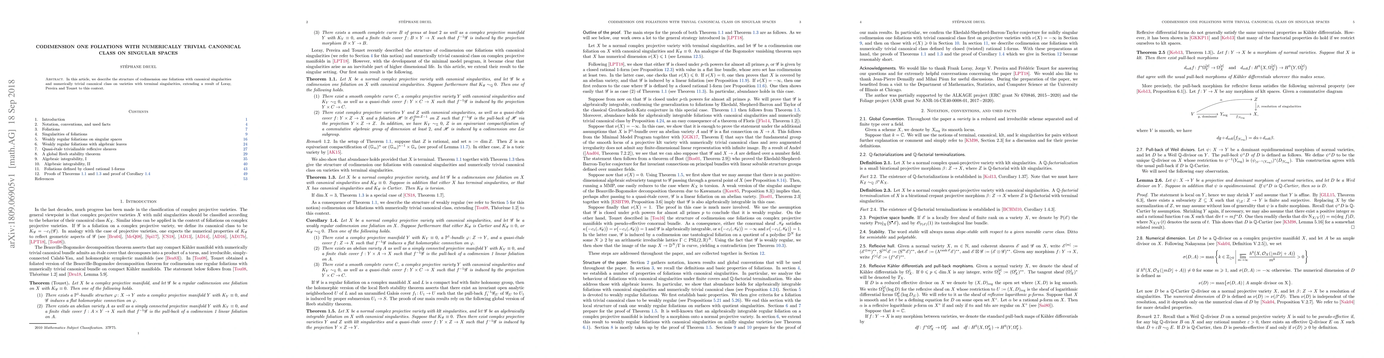 Thumbnail for Codimension one foliations with numerically trivial canonical class on
  singular spaces