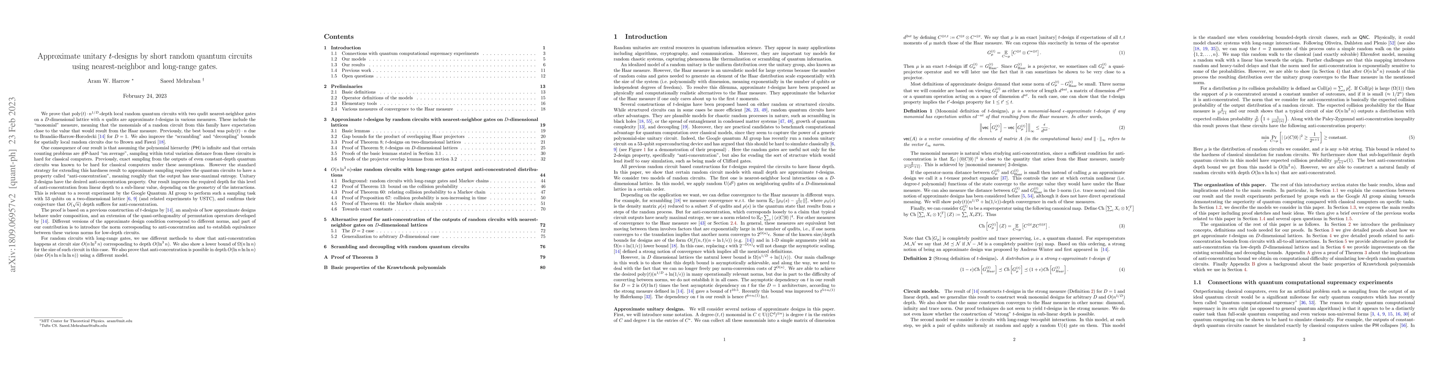 Thumbnail for Approximate unitary $t$-designs by short random quantum circuits using
  nearest-neighbor and long-range gates