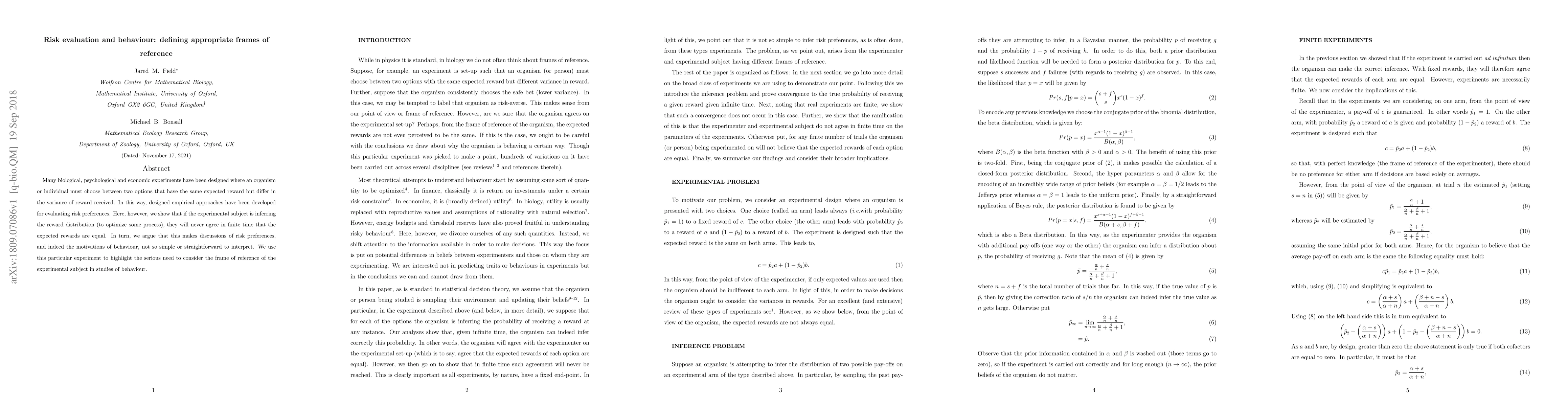 Thumbnail for Risk evaluation and behaviour: defining appropriate frames of reference