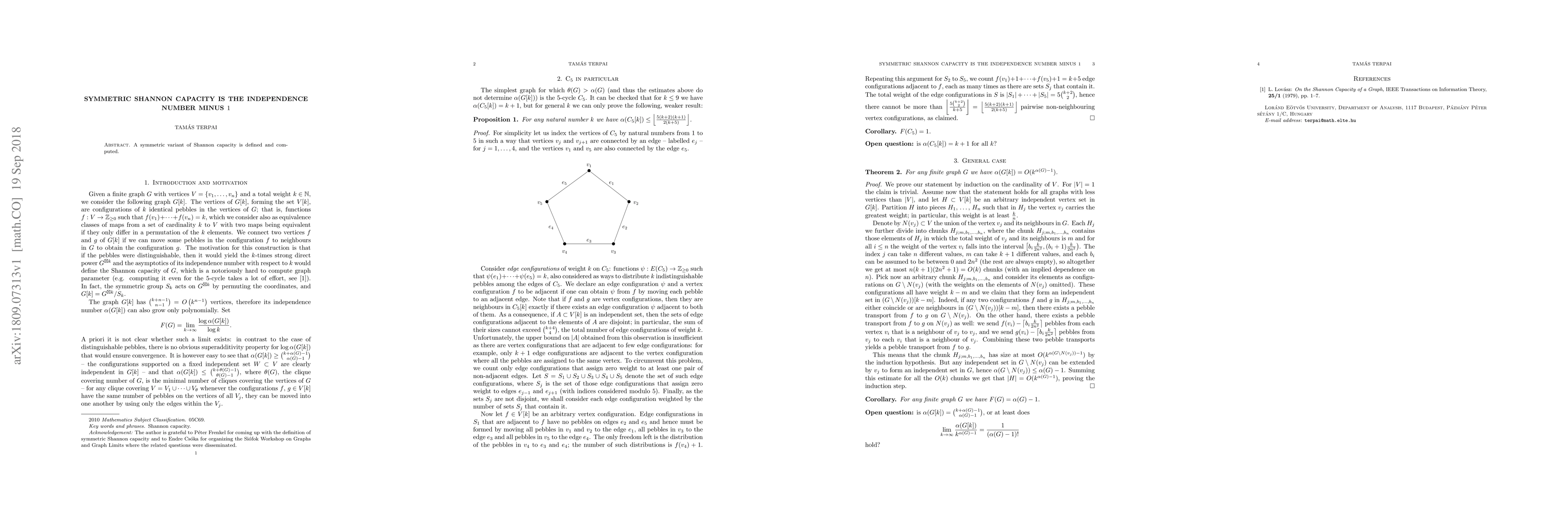 Thumbnail for Symmetric Shannon capacity is the independence number minus 1