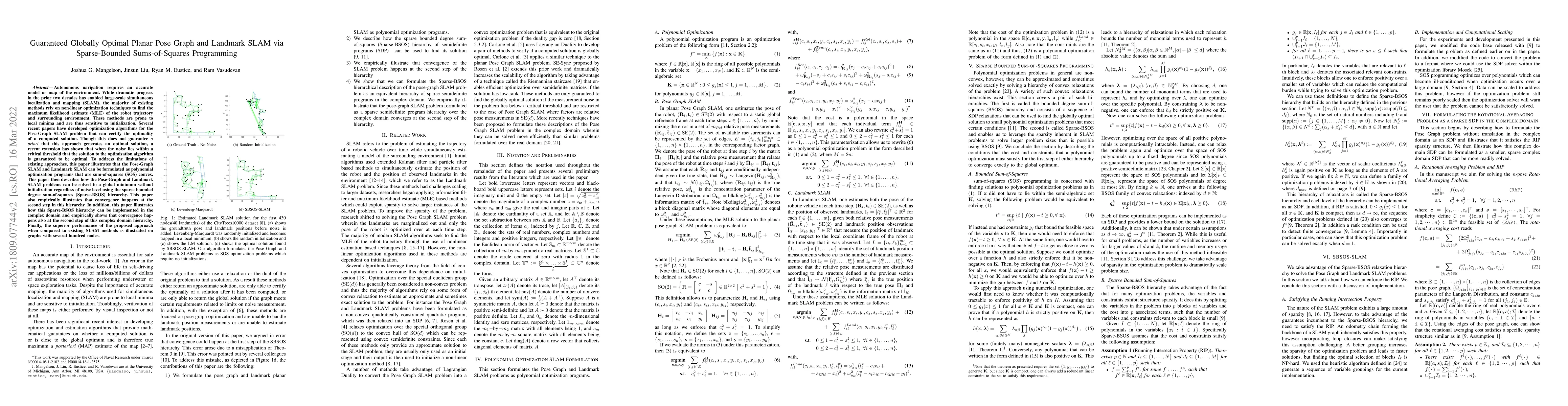 Thumbnail for Guaranteed Globally Optimal Planar Pose Graph and Landmark SLAM via
  Sparse-Bounded Sums-of-Squares Programming