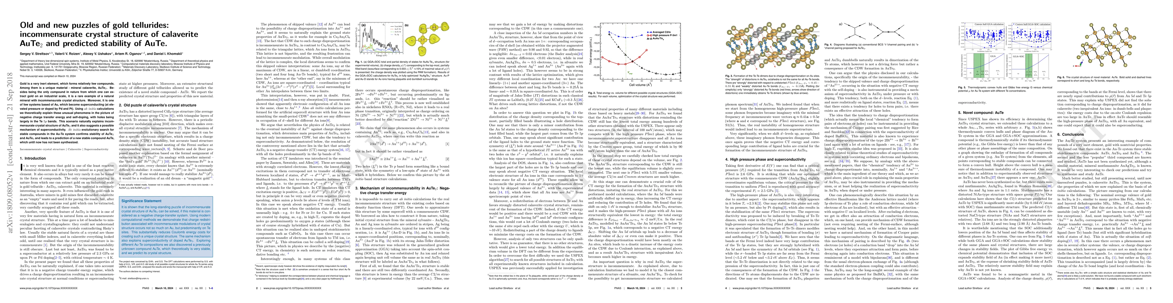 Thumbnail for Old puzzle of incommensurate crystal structure of calaverite AuTe$_2$
  and predicted stability of novel AuTe compound
