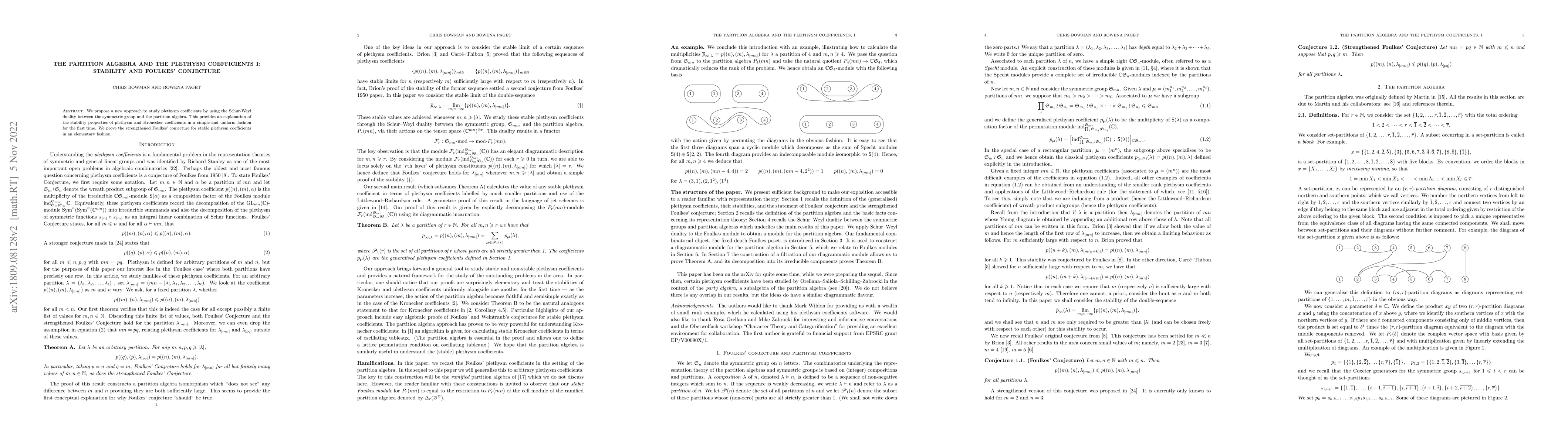 Thumbnail for The partition algebra and the plethysm coefficients I: stability and
  Foulkes' conjecture