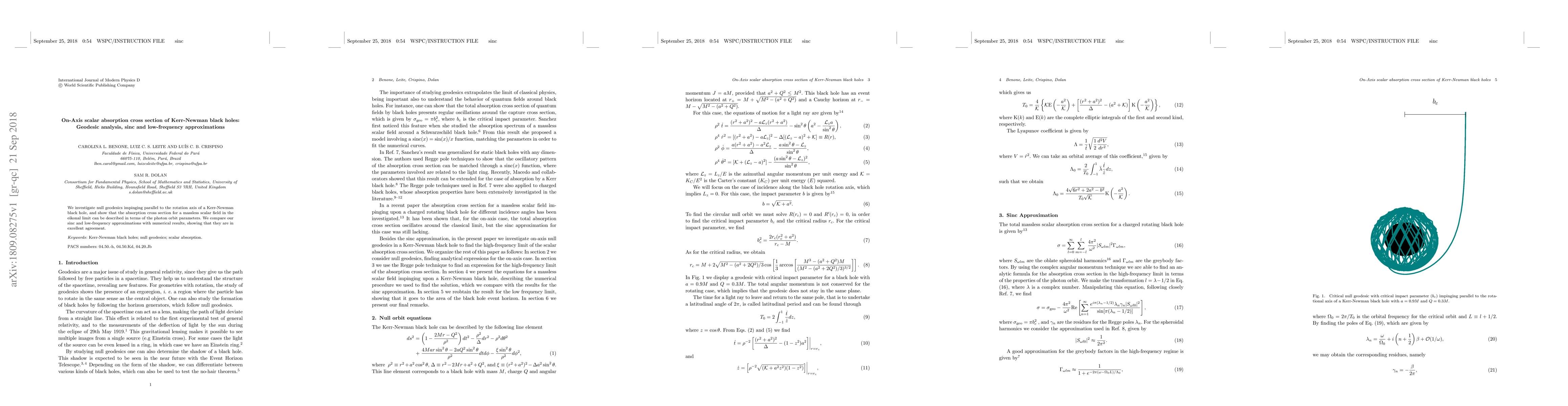 Thumbnail for On-Axis scalar absorption cross section of Kerr-Newman black holes:
  Geodesic analysis, sinc and low-frequency approximations