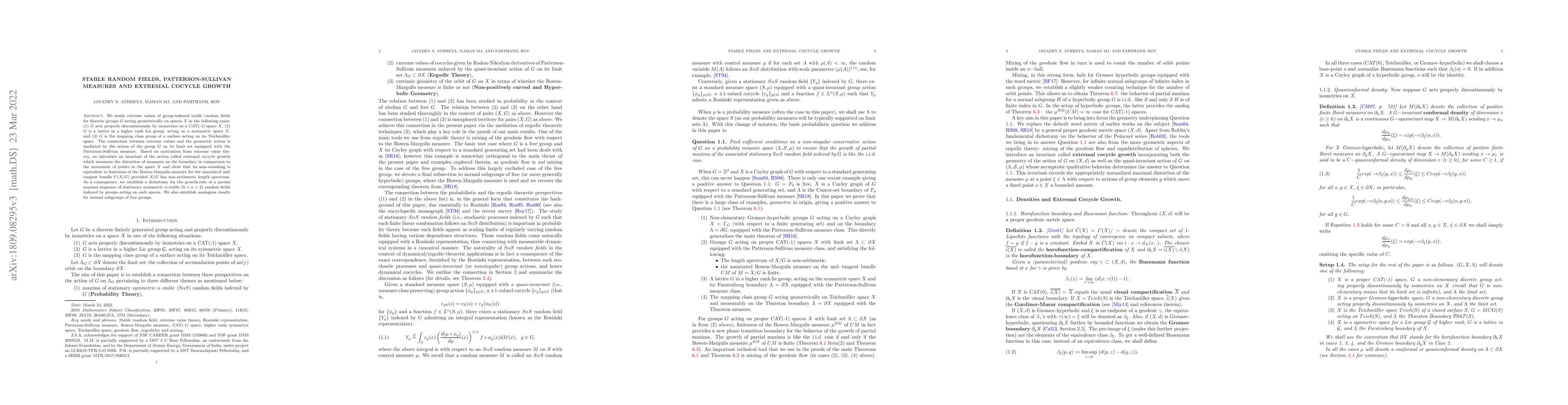 Thumbnail for Stable Random Fields, Patterson-Sullivan measures and Extremal Cocycle
  Growth