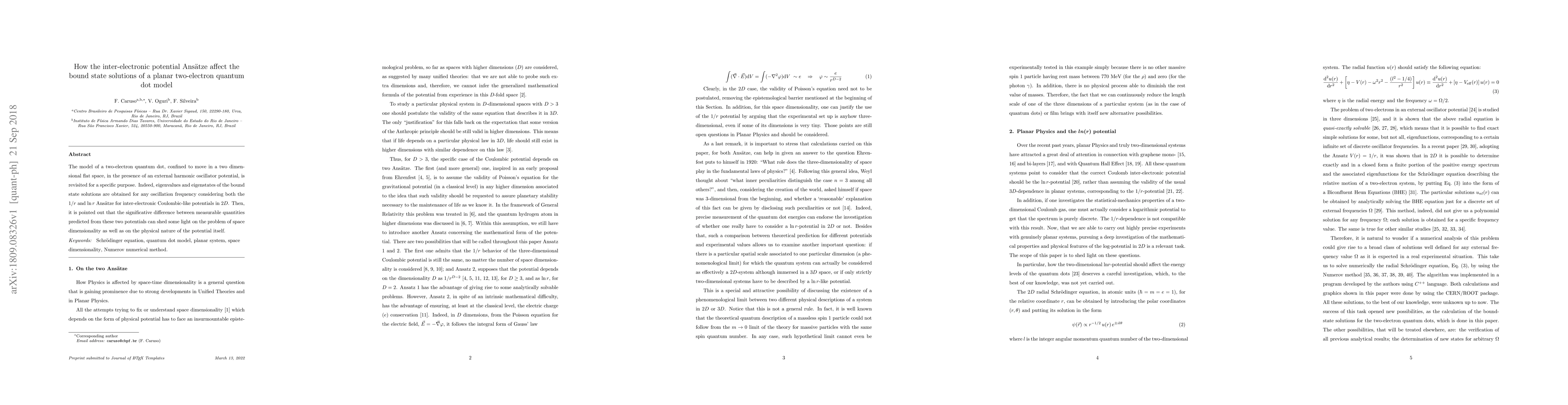 Thumbnail for How the inter-electronic potential Ans\"atze affect the bound state
  solutions of a planar two-electron quantum dot model
