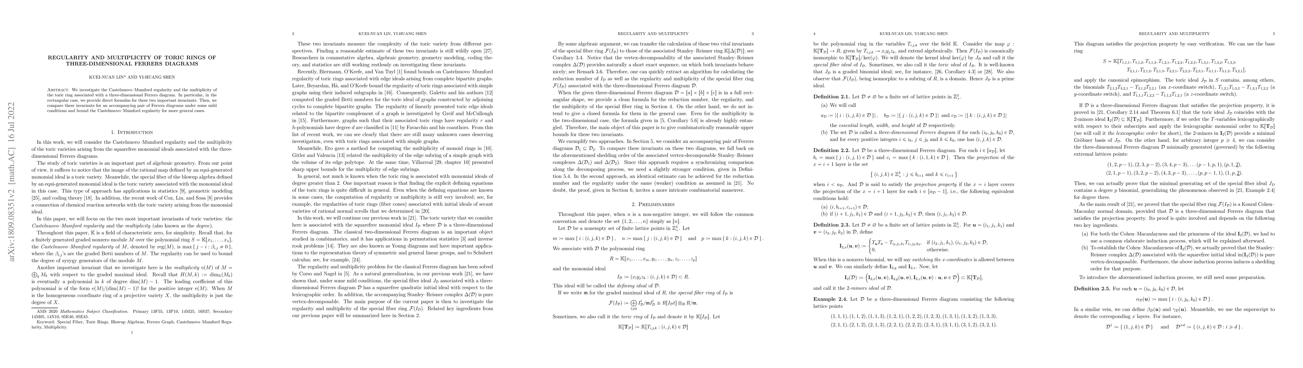 Thumbnail for Regularity and multiplicity of toric rings of three-dimensional Ferrers
  diagrams