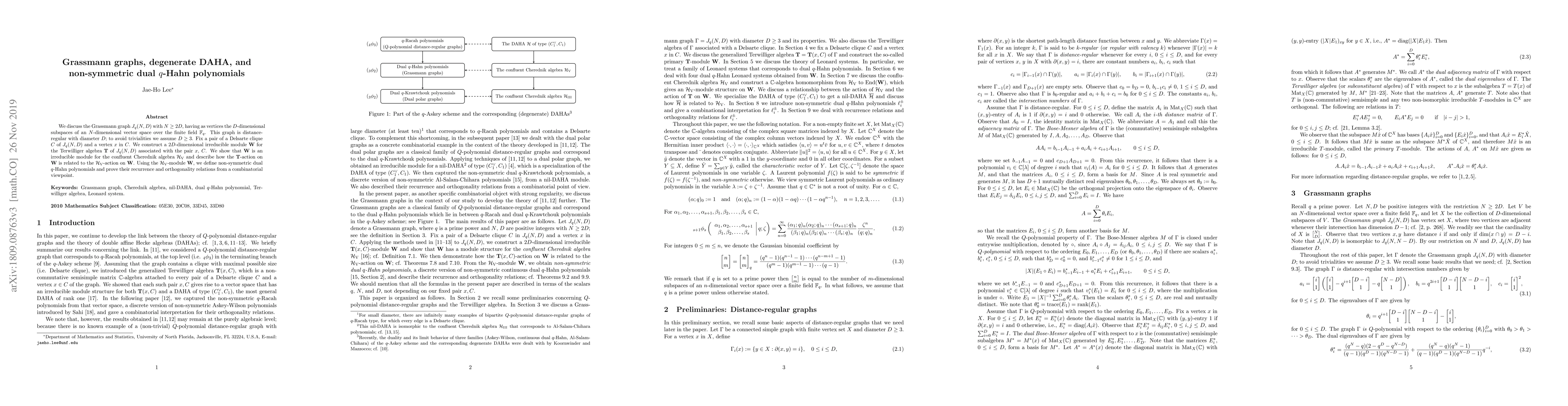 Thumbnail for Grassmann graphs, degenerate DAHA, and non-symmetric dual $q$-Hahn
  polynomials