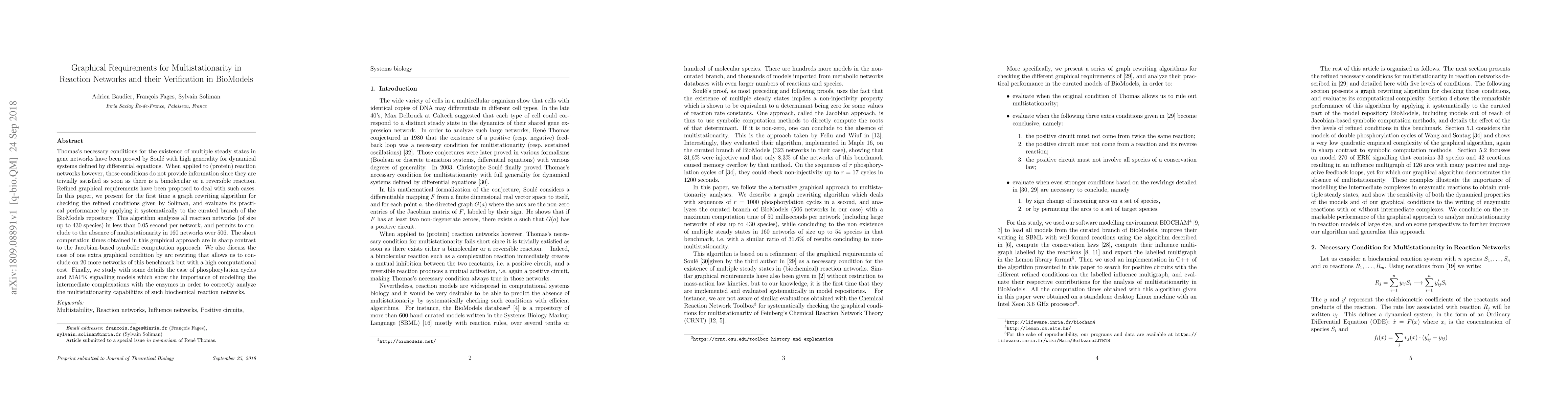 Thumbnail for Graphical Requirements for Multistationarity in Reaction Networks and
  their Verification in BioModels
