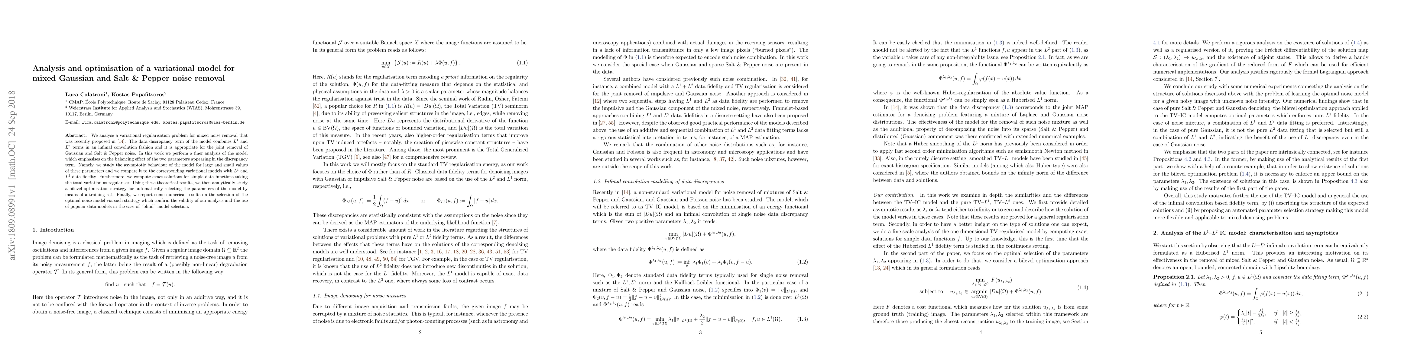 Thumbnail for Analysis and optimisation of a variational model for mixed Gaussian and
  Salt & Pepper noise removal