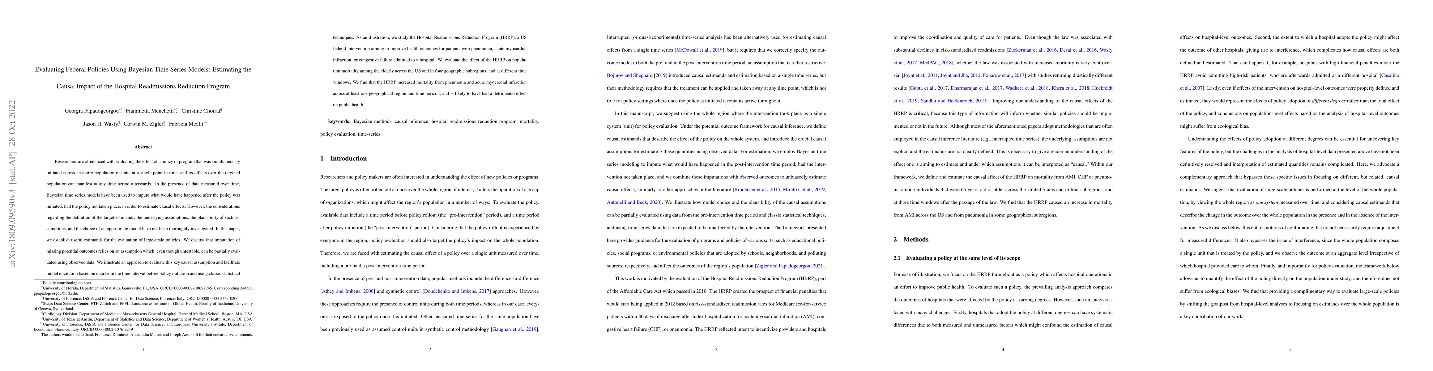 Thumbnail for Evaluating Federal Policies Using Bayesian Time Series Models:
  Estimating the Causal Impact of the Hospital Readmissions Reduction Program