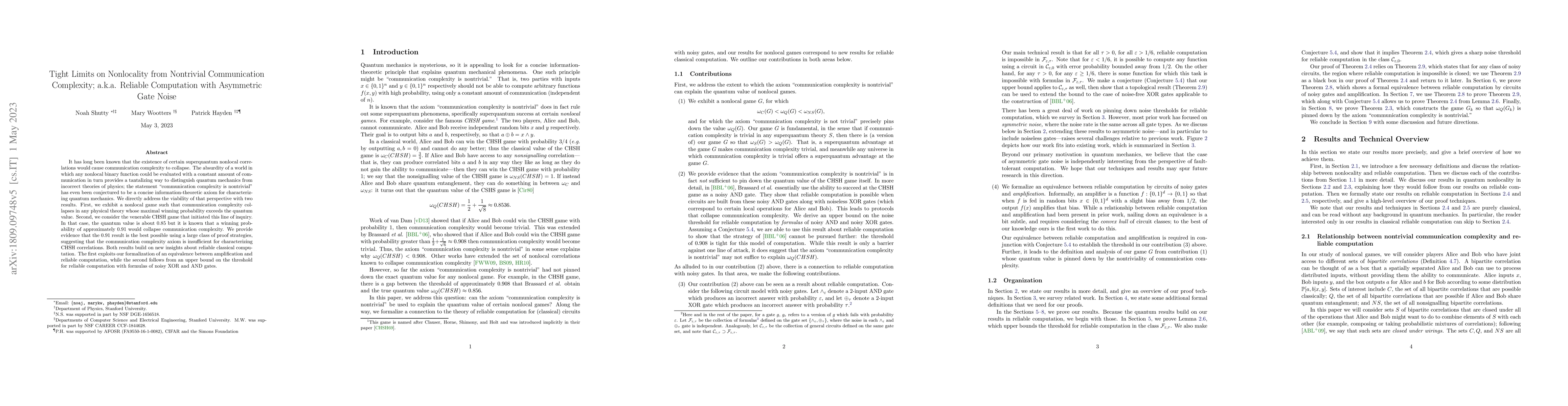 Thumbnail for Tight Limits on Nonlocality from Nontrivial Communication Complexity;
  a.k.a. Reliable Computation with Asymmetric Gate Noise