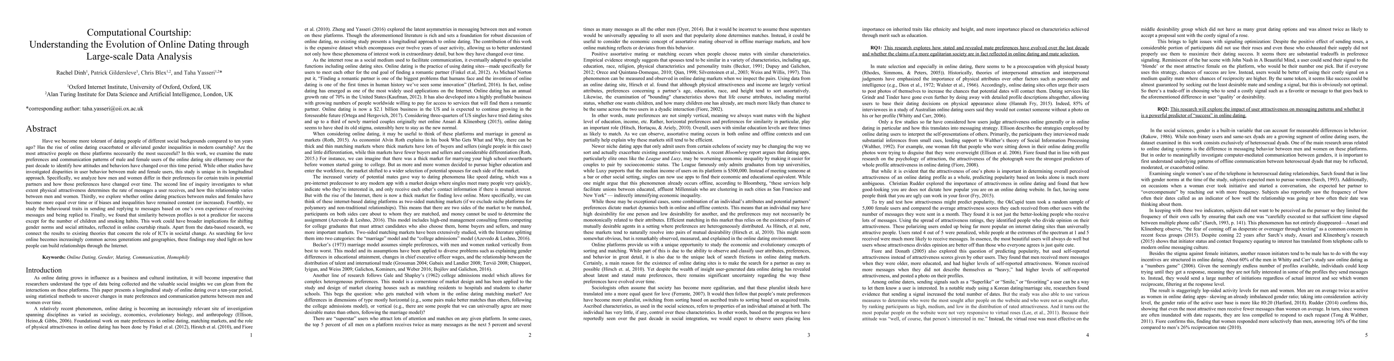Thumbnail for Computational Courtship: Understanding the Evolution of Online Dating
  through Large-scale Data Analysis
