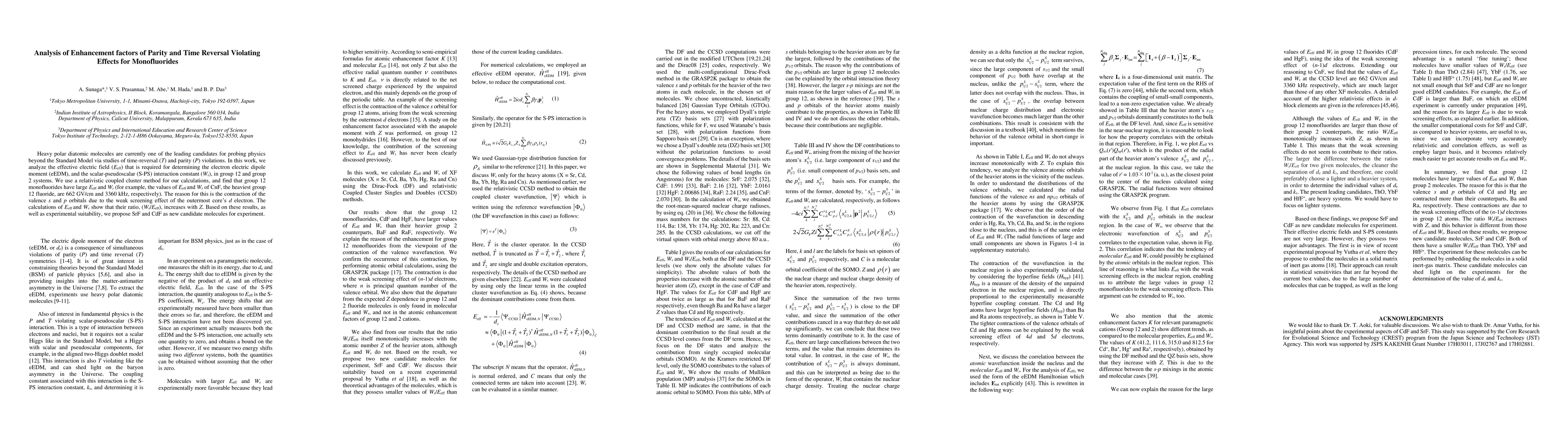Thumbnail for Analysis of Enhancement factors of Parity and Time Reversal Violating
  Effects for Monofluorides