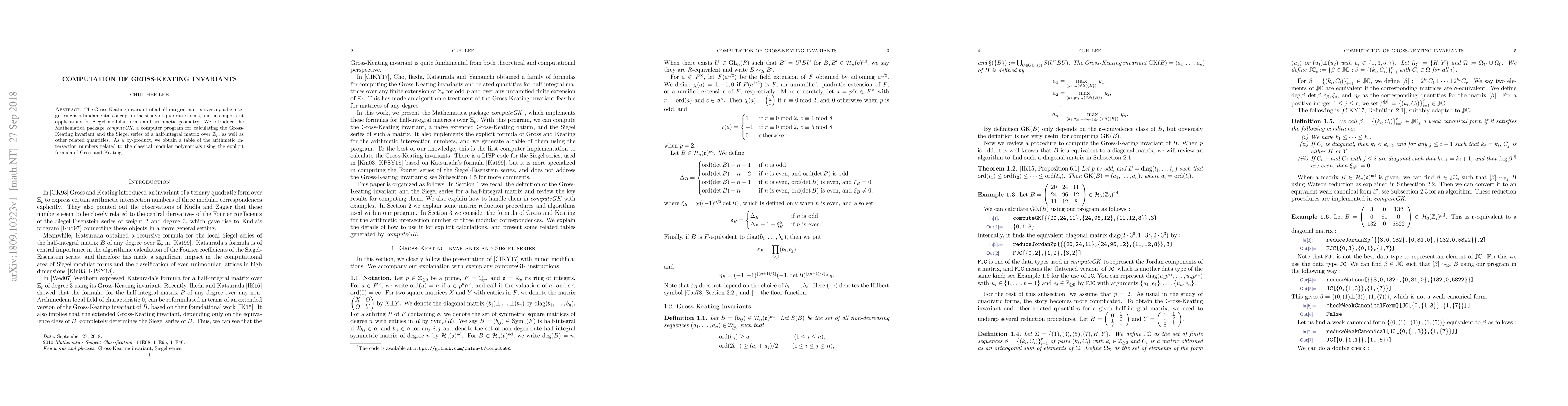 Thumbnail for Computation of Gross-Keating invariants