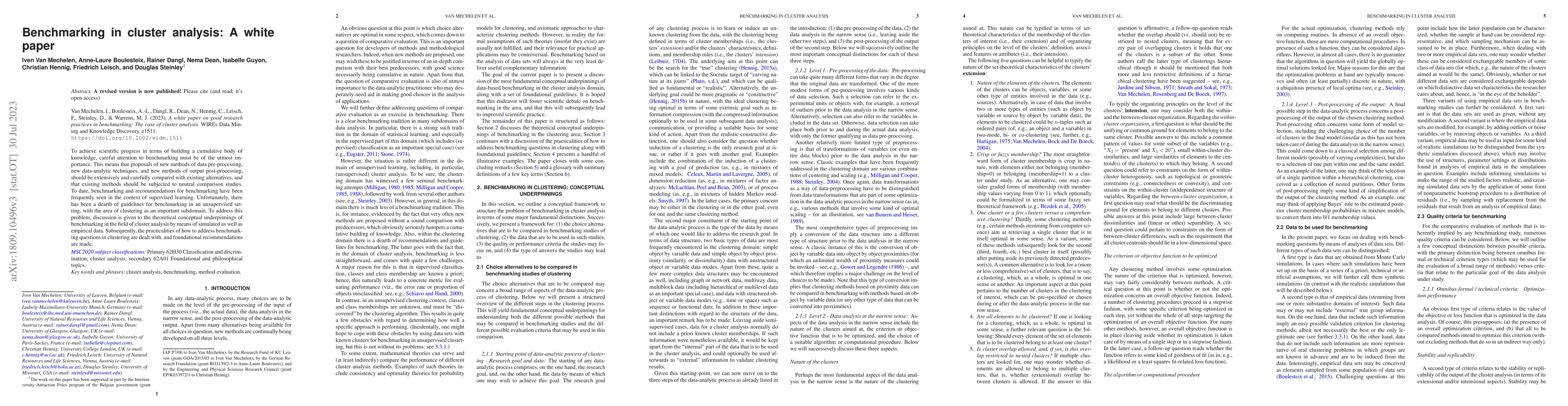 Thumbnail for Benchmarking in cluster analysis: A white paper