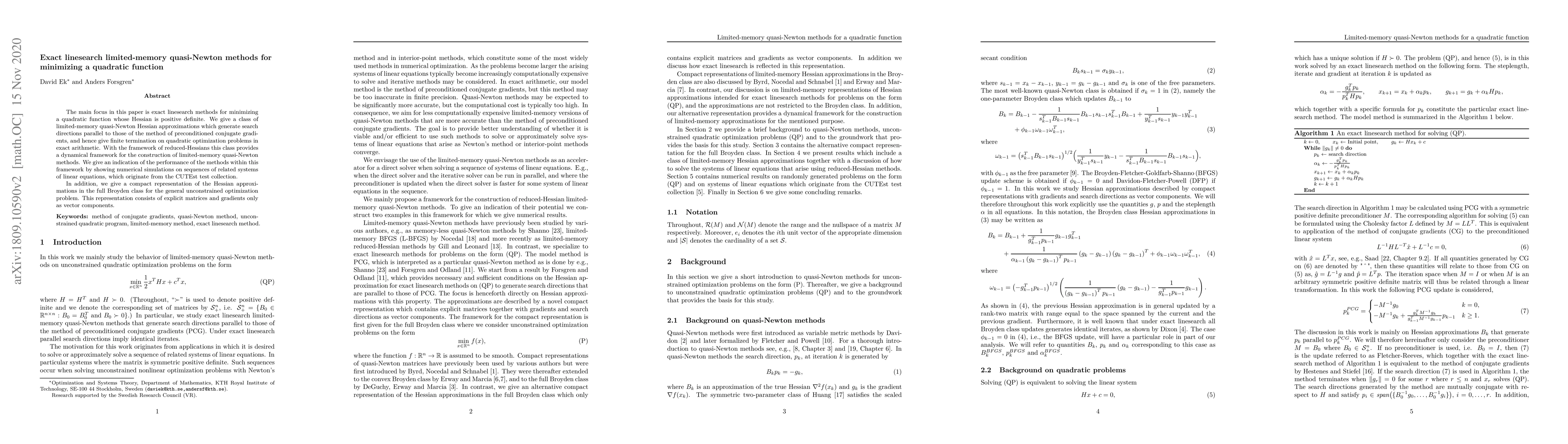 Thumbnail for Exact linesearch limited-memory quasi-Newton methods for minimizing a
  quadratic function