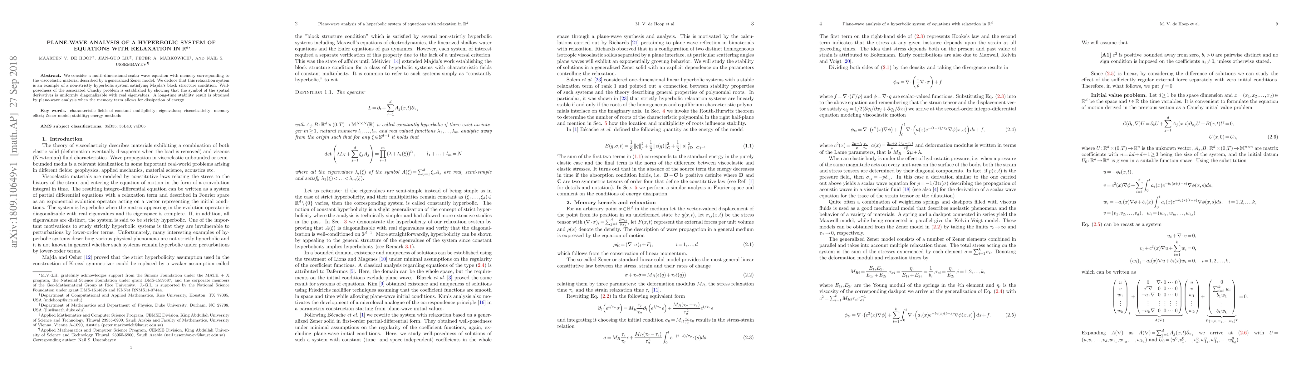 Thumbnail for Plane-wave analysis of a hyperbolic system of equations with relaxation
  in $\mathbb{R}^{d}$